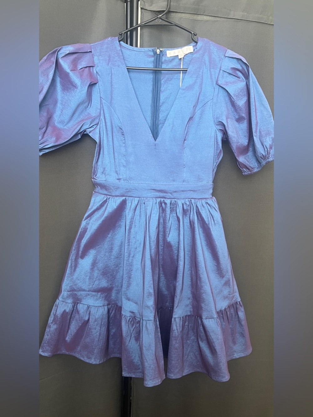 Shimmery Blue Puff-Sleeve V-Neck Taffeta Mini Dress